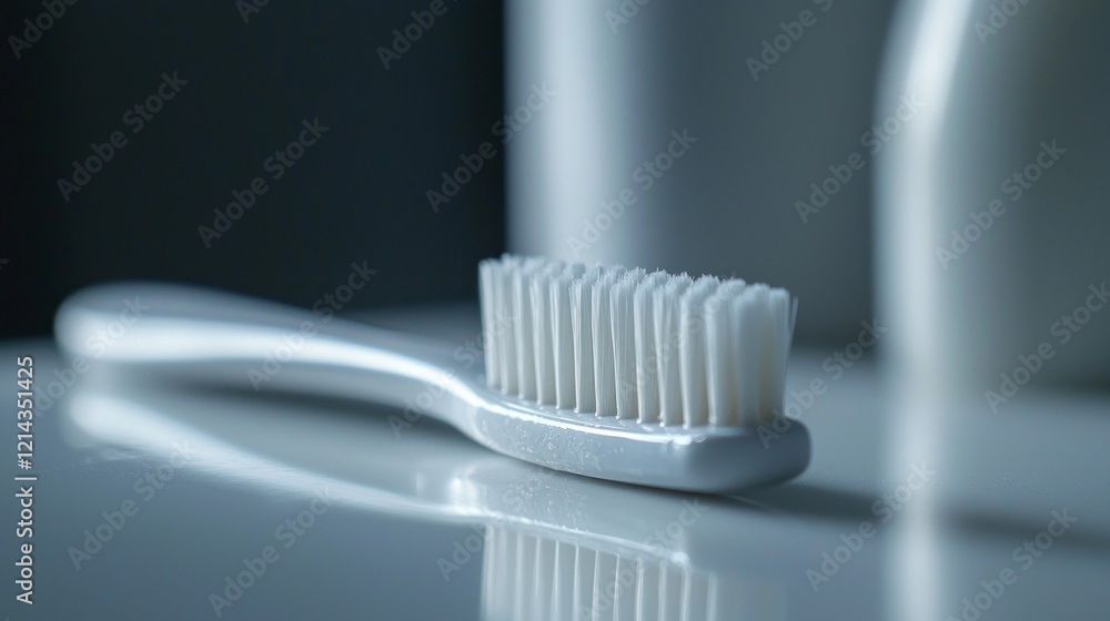 A clean toothbrush with a small amount of toothpaste is placed gently on a white countertop, evoking a sense of freshness and morning routine in a calming bathroom ambiance A clean toothbrush with a small amount of toothpaste is placed gently on a white countertop, evoking a sense of freshness and morning routine in a calming bathroom ambiance