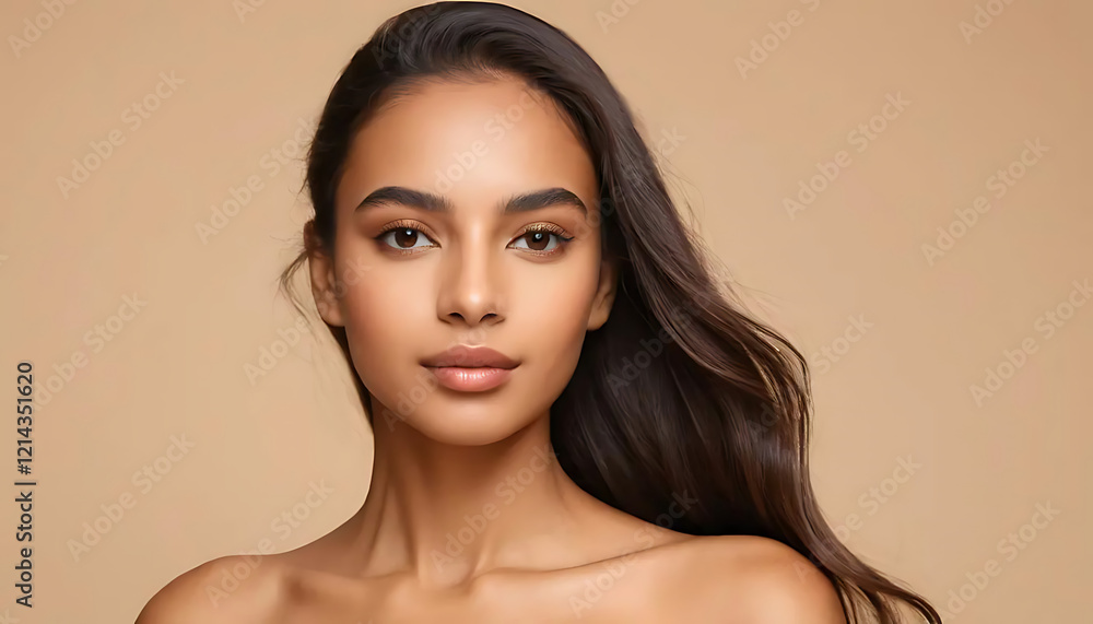trait of young beautiful latin woman with perfect smooth skin over beige background trait of young beautiful latin woman with perfect smooth skin over beige background