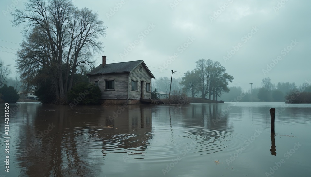 Fototapeta premium Flooded wooden house surrounded by trees on a foggy day