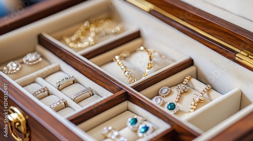 An open jewelry box with compartments neatly organizing a collection of fine jewelry.