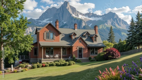 Charming red-brick home in lush greenery, featuring a serene gray-shingled roof and welcoming porch adorned with crisp white chairs beneath a sturdy gray metal railing photo