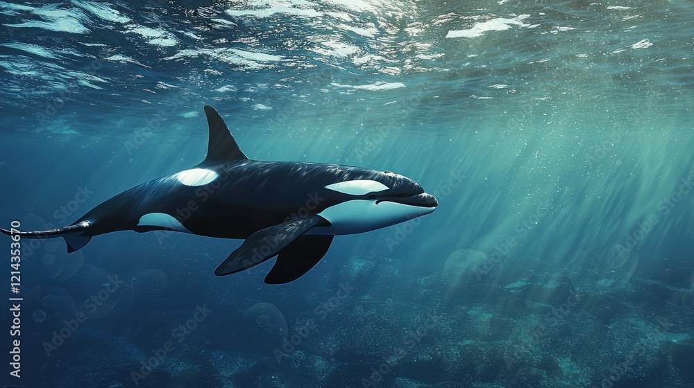 An orca swimming with its pod in the ocean. An orca swimming with its pod in the ocean.
