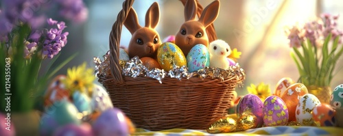 Festive Easter basket overflowing with chocolate bunnies, marshmallow chicks, and colorful foil-wrapped eggs, set on a cheerful tablecloth photo