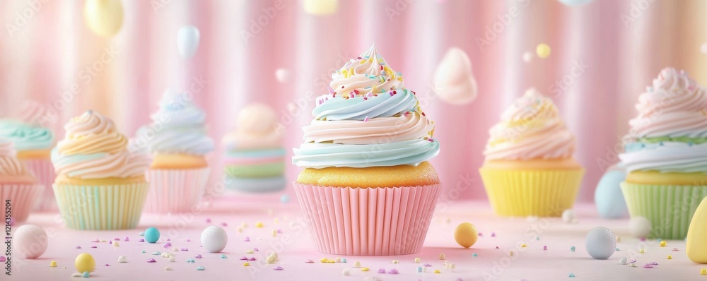 Colorful cupcakes stacked with frosting and sprinkles on a pastel background