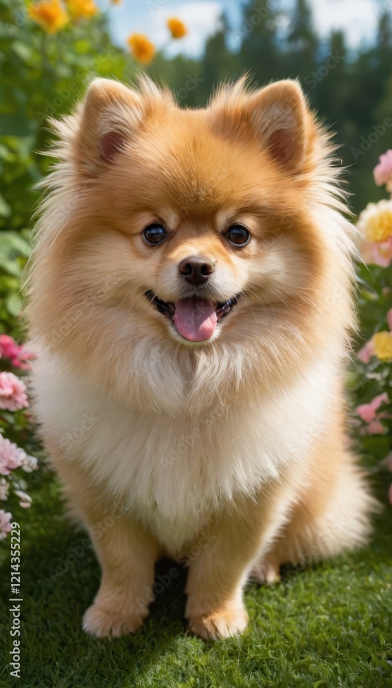 Fluffy and cheerful Pomeranian posing on a perfectly manicured lawn surrounded by vibrant flowers, radiating cuteness and charm Fluffy and cheerful Pomeranian posing on a perfectly manicured lawn surrounded by vibrant flowers, radiating cuteness and charm