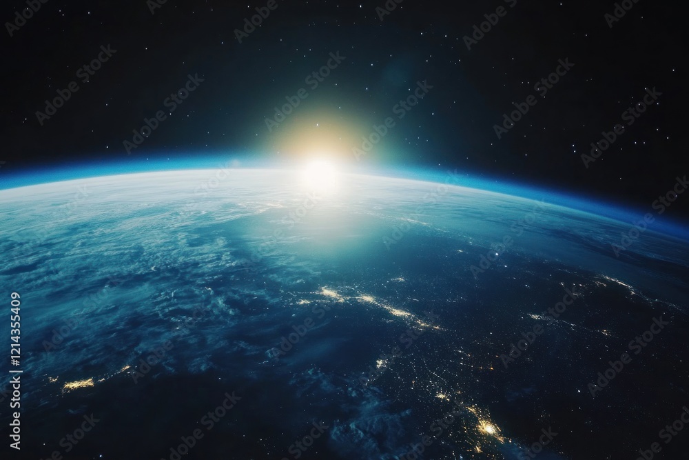 Earthrise sunrise from space, showing planet's curvature, atmosphere, and sun's glow. Earthrise sunrise from space, showing planet's curvature, atmosphere, and sun's glow.