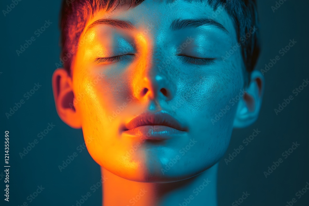 A beautiful androgynous figure with short hair, closed eyes, and a slight smile, bathed in soft orange light against an abstract background of blue tones A beautiful androgynous figure with short hair, closed eyes, and a slight smile, bathed in soft orange light against an abstract background of blue tones