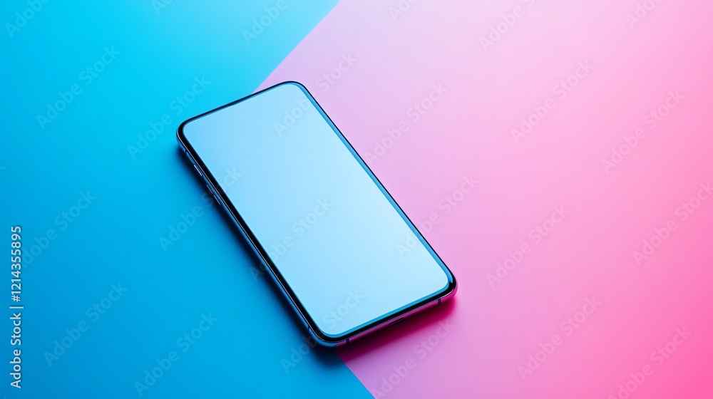 Modern smartphone with a sleek glass design rests on a vibrant backdrop of blue and pink hues. Modern smartphone with a sleek glass design rests on a vibrant backdrop of blue and pink hues.
