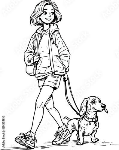 Young woman walking a dachshund dog on leash outdoors