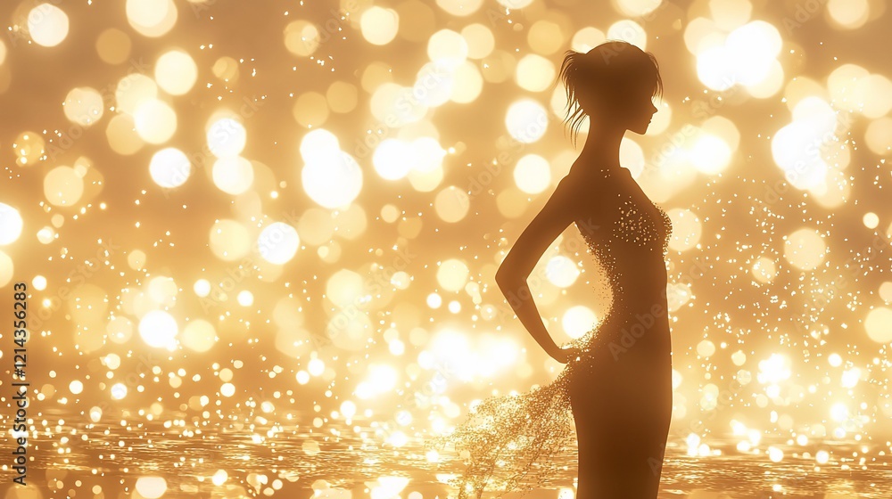 Elegant woman silhouette in golden bokeh. Elegant woman silhouette in golden bokeh.