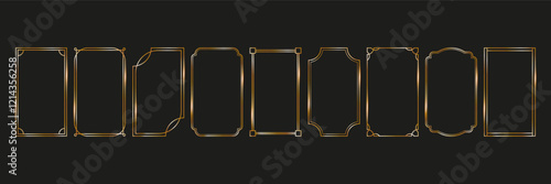 set gold frames thin linear geometric shape. elegant rectangular borders on dark background