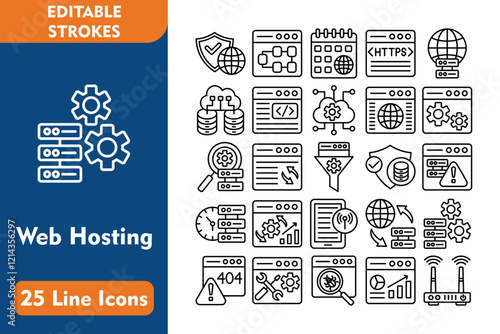 Web Hosting 25 Line Icon Set Included Icons security, structure, calendar, https, globe, big data, code, cloud, website, setting, search, syn, 