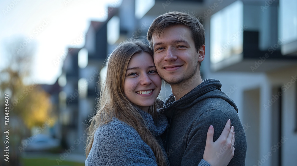 Smiling young couple in love stands hugging against the backdrop of a private suburban house Smiling young couple in love stands hugging against the backdrop of a private suburban house