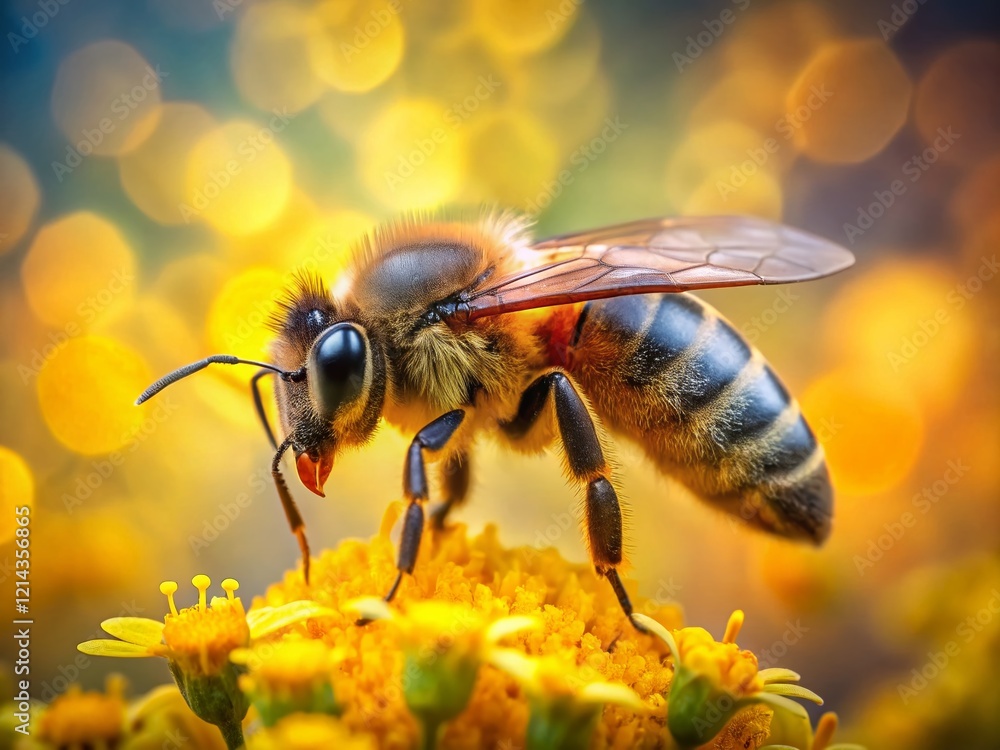 Honey Bee Pollinating Yellow Flower with Bokeh Background - Stock Photo Honey Bee Pollinating Yellow Flower with Bokeh Background - Stock Photo