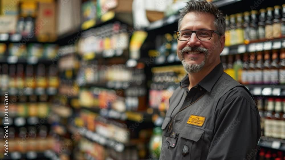 This smiling shopkeeper engages with customers among shelves packed with products. This smiling shopkeeper engages with customers among shelves packed with products.