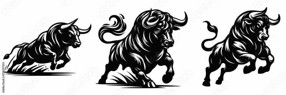 Fototapeta premium Three stylized bulls in motion, depicted in black and white, showcasing strength and dynamism.