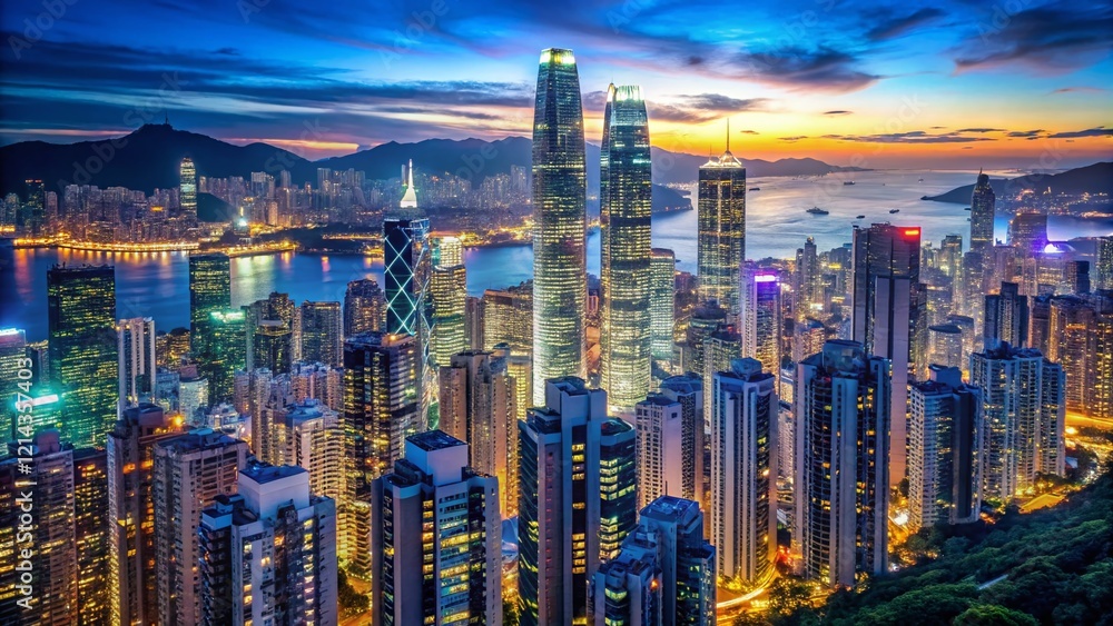 Fototapeta premium Hong Kong Skyline, Blue Sky, Cityscape, Night Photography, Urban Architecture