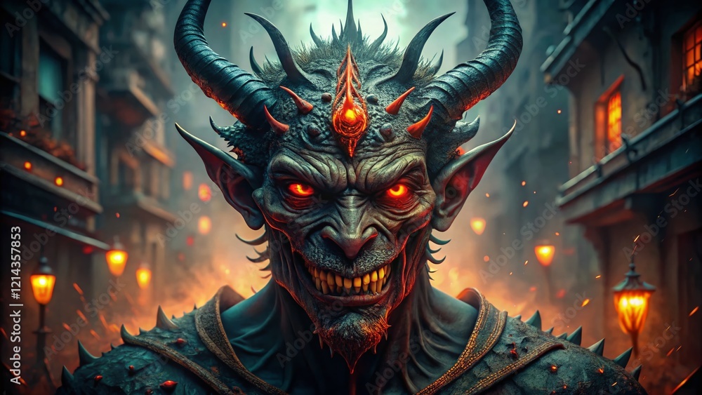 Fototapeta premium Horrific Urban Demon Portrait: Gritty, Dark Fantasy Stock Photo