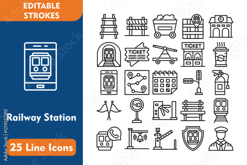 Railway Station 25 Line Icon Set Included Icons railroad, route, bench, train, call center, bell, level crossing, safety, driver, barrier, trolley, railway 