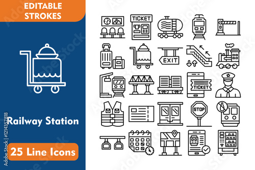 Railway Station 25 Line Icon Set Included Icons waiting room, ticket machine, tanker, electric train, checkpoint, luggage, food service, exit, 