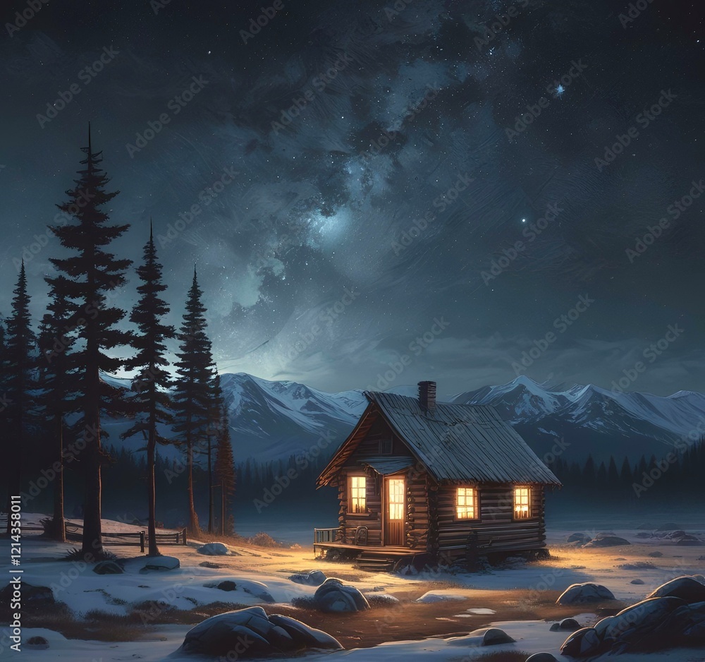 Illustration of wild landscape with cabin and starry sky. Illustration of wild landscape with cabin and starry sky.