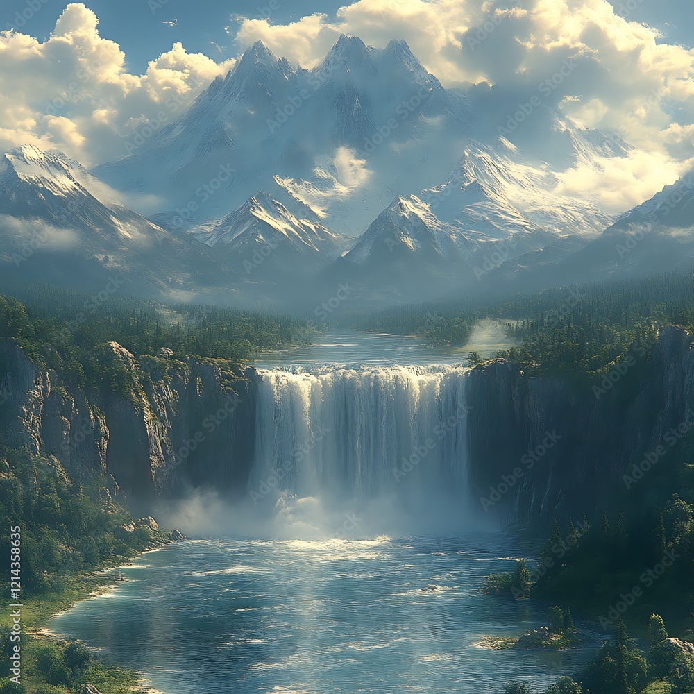 Fototapeta premium Majestic waterfall cascading into serene lake, with snow-capped mountains in background.