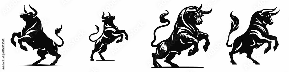 Fototapeta premium Four stylized bulls depicted in black silhouette, showcasing dynamic poses and strength, representing power and vitality.