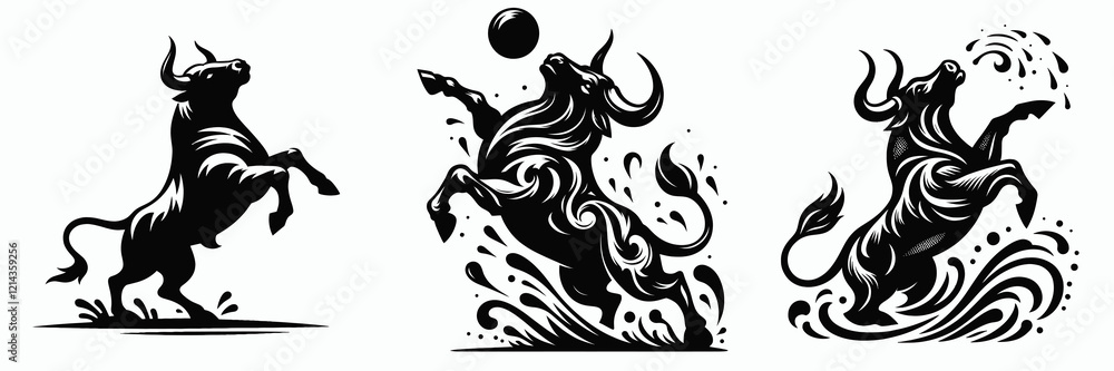 Obraz premium Three stylized bull illustrations in dynamic poses, showcasing movement and energy, with a focus on artistic design and black-and-white contrast.
