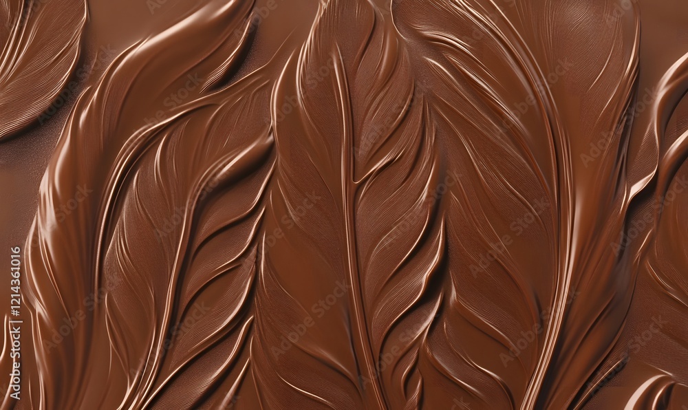 Naklejka premium Melted chocolate leaf pattern, close-up, studio, background blur, food texture