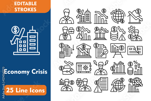 Economy Crisis 25 Line Icon Set Included Icons employee, bankruptcy, recession, inflation, 