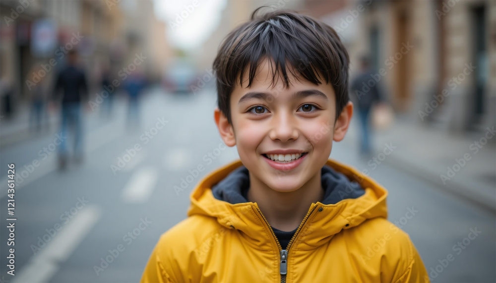 portrait of a smiling child, A portrait of an eight-year-old boy with curly hair, wearing a yellow jacket and checkered shirt, smiling at the camera, against a textured brown background
portrait of a smiling child, A portrait of an eight-year-old boy with curly hair, wearing a yellow jacket and checkered shirt, smiling at the camera, against a textured brown background