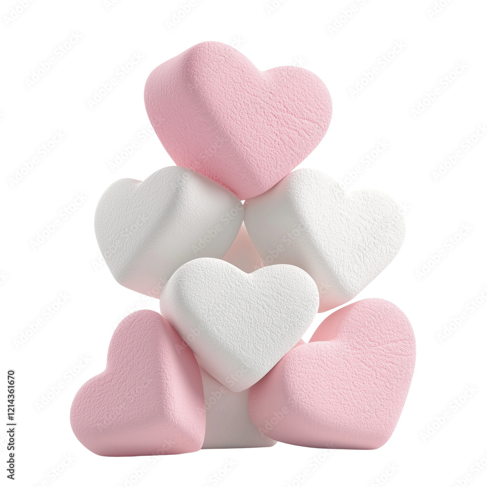 Fototapeta premium Stack of Pink and White Heart Shaped Marshmallows Valentines Day Sweets, Isolated on Transparent Background, Ai Generated Images