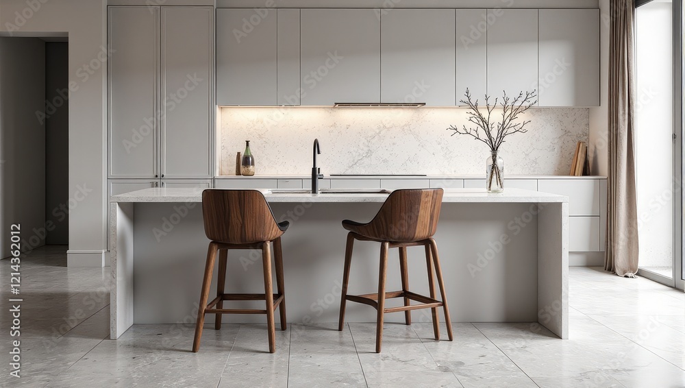 Fototapeta premium A chic kitchen island shines with its pristine white marble countertop, framed by two sleek wooden barstools inviting cozy gatherings. Rich textures blend for an elegant culinary retreat