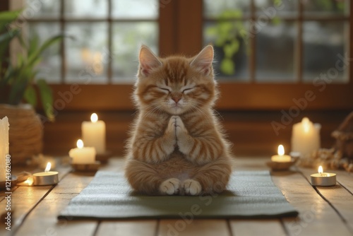 Tranquil cat in yoga pose surrounded by candles and zen atmosphere for relaxation design