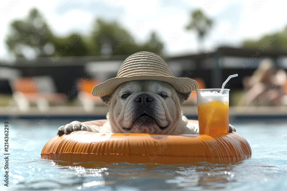 Relaxed dog wearing a pool floatie enjoying summer in a swimming pool