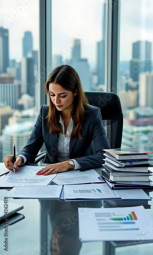 Businesswoman signing important documents at her desk. Generative ai