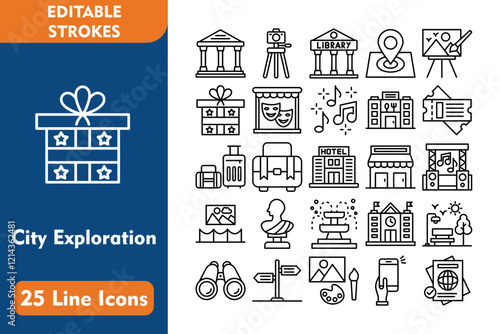 City Exploration 25 Line Icon Set Included Icons monument, suitcase, city hall, park, binoculars, 