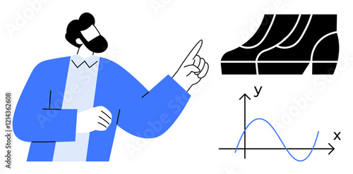 Man in blue jacket pointing at ascending shoe sales bar chart and dynamic performance line graph. Ideal for presentations, business reports, data analysis, sales performance, marketing strategies