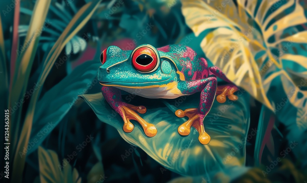 Colorful frog resting on a leaf in lush rainforest surroundings Colorful frog resting on a leaf in lush rainforest surroundings