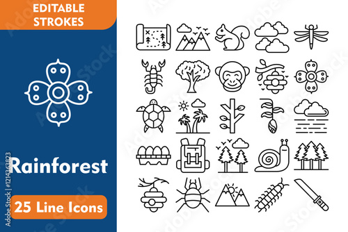 Rainforest 25 Line Icon Set Included Icons map, mountain, squirrel, clouds, dragonfly