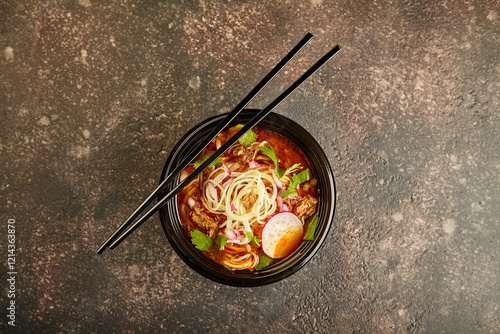 Birria ramen, consomme soup with beef and noodle. Mix of Mexican and Asian cuisine photo