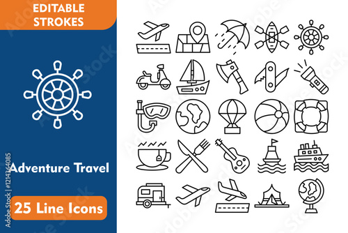 Adventure Travel 25 Line Icon Set Included Icons departures, planet earth, buoy, cruise, caravan