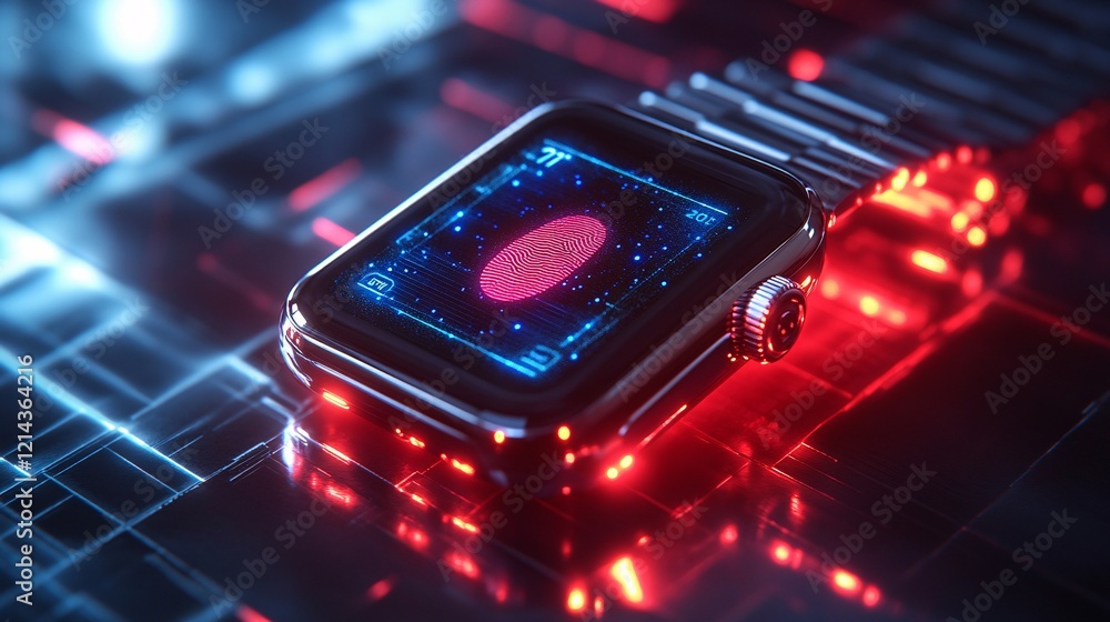 Obraz premium Sleek smartwatch with a glowing interface, scanning a fingerprint on its digital screen, showcasing advanced technology and modern design.