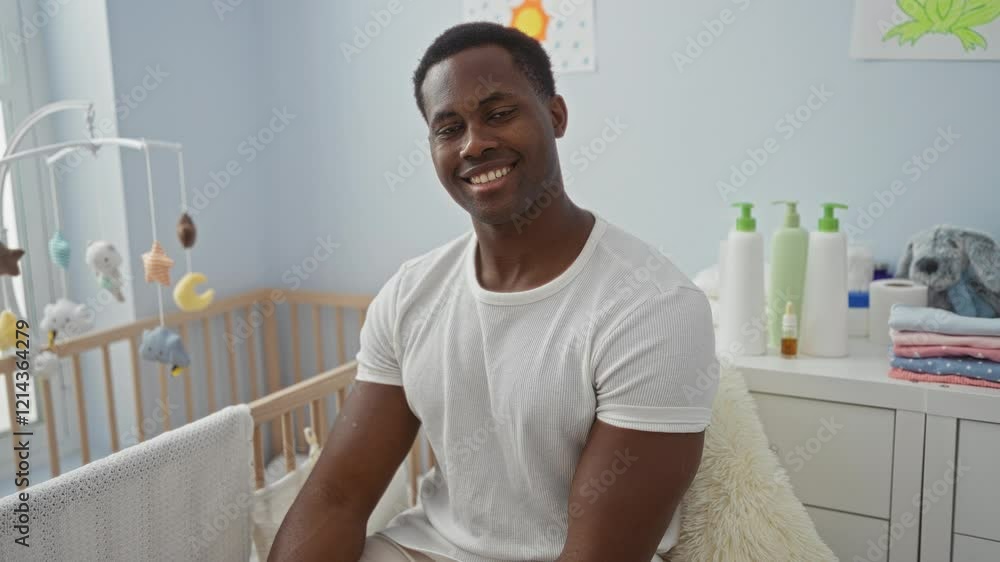 Young man sitting in a cozy bedroom, smiling warmly next to a baby cradle with soft toys in a bright, inviting home interior. Young man sitting in a cozy bedroom, smiling warmly next to a baby cradle with soft toys in a bright, inviting home interior.