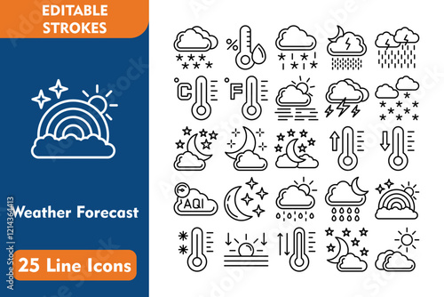 Weather Forecast 25 Line Icon Set Included Icons winter, humidity, sleet, downpour, heavy rain, 