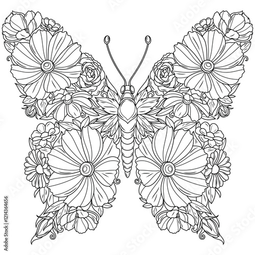 A butterfly made of flowers.Coloring book antistress for children and adults.
