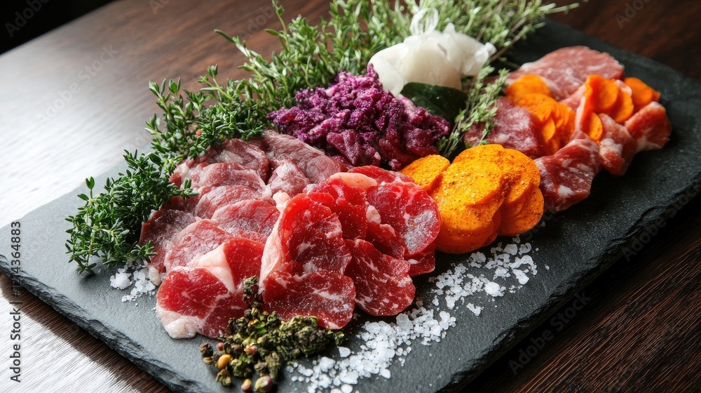 A rustic presentation of various raw meat cuts on a slate board, paired with fresh herbs and coarse sea salt A rustic presentation of various raw meat cuts on a slate board, paired with fresh herbs and coarse sea salt