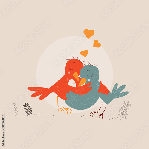 Adorable lovebirds with hearts. Perfect for postcards, greetings, and romantic projects