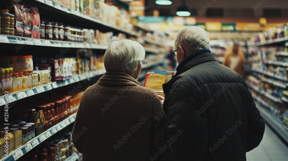 Elderly couple reading product labels in grocery store Elderly couple reading product labels in grocery store