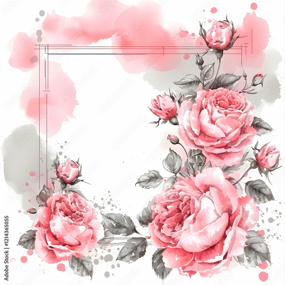 Obraz premium A floral design featuring pink roses and a decorative frame, ideal for invitations.